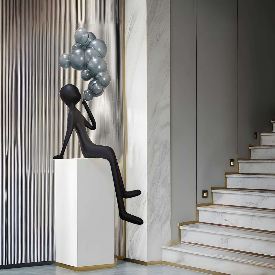 Shiny space grey fiberglass sculpture artwork by BEACON, model F9122, with sleek, reflective surface and modern design.