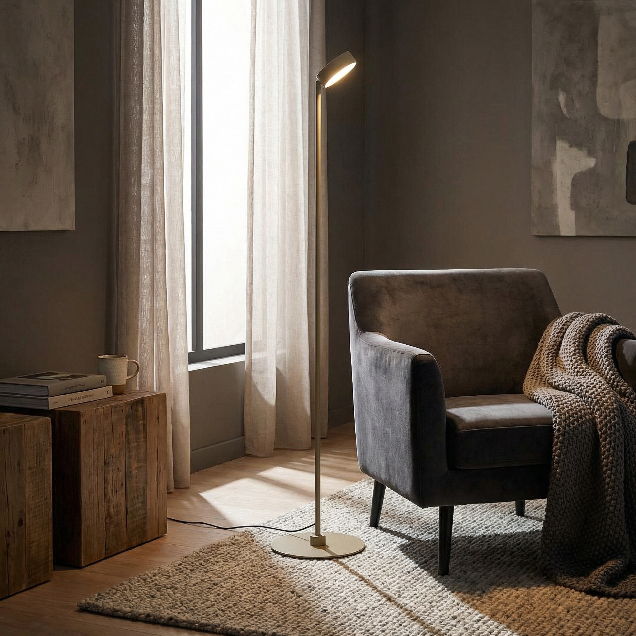 BEACON Spire Floor Lamp with sleek design and tall metal stand, modern lighting for living room or office space.