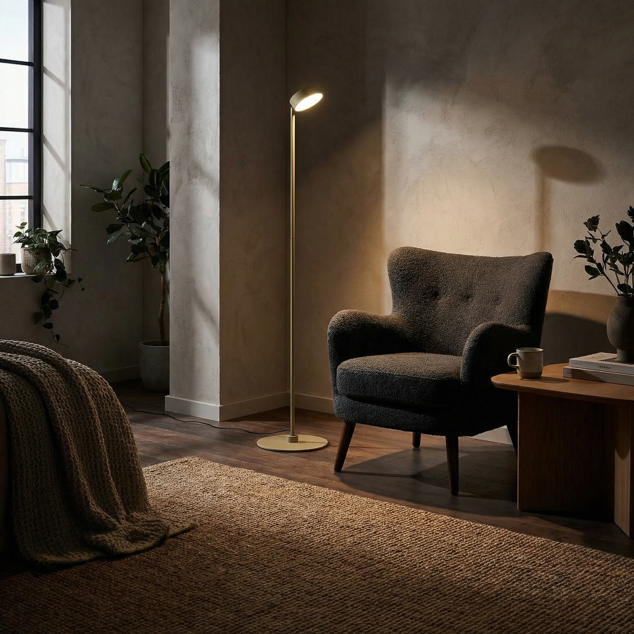 BEACON Spire floor lamp with sleek, modern design and tall, slender body standing on a flat base, in a well-lit indoor setting.