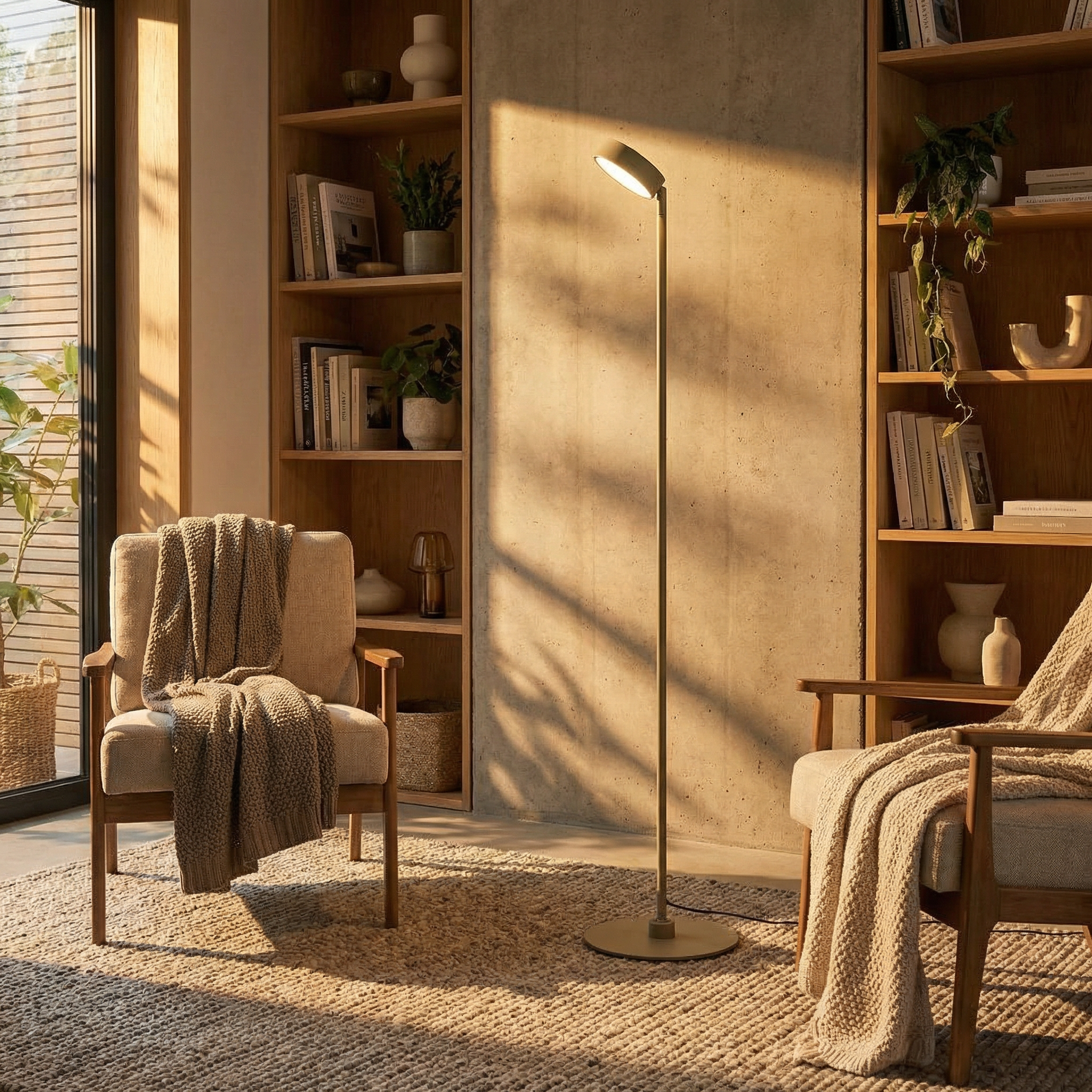 BEACON Spire Floor Lamp in modern design with a tall, sleek silhouette and adjustable head, perfect for contemporary living spaces.