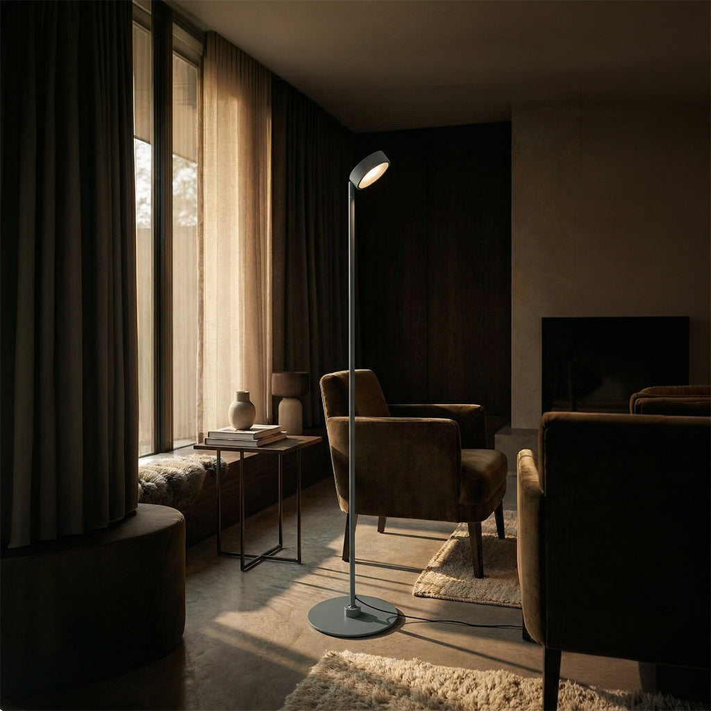 BEACON Spire floor lamp with sleek, modern design and a tall, slender structure in a contemporary living space.