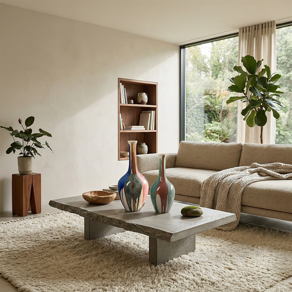 Splashed glaze slender ceramic vase by BEACON, featuring a sleek design with colorful splash patterns on a tall, narrow vase.