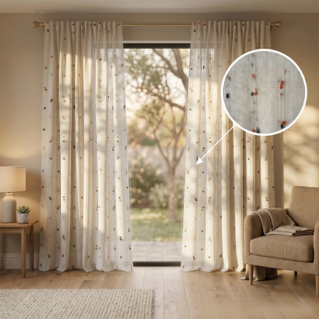 Light blue Sprink Decoration Curtain Fabric by BEACON, showcasing a delicate sprinkled pattern on smooth drape material.