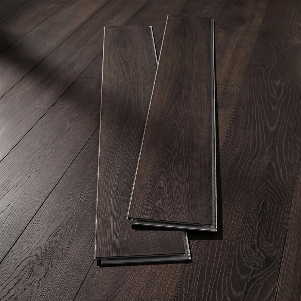 SENTAI Stone Plastic Composite SPC floor parquet set in walnut finish, 76.2x12.7x0.6cm, showcasing wood grain texture and planks.