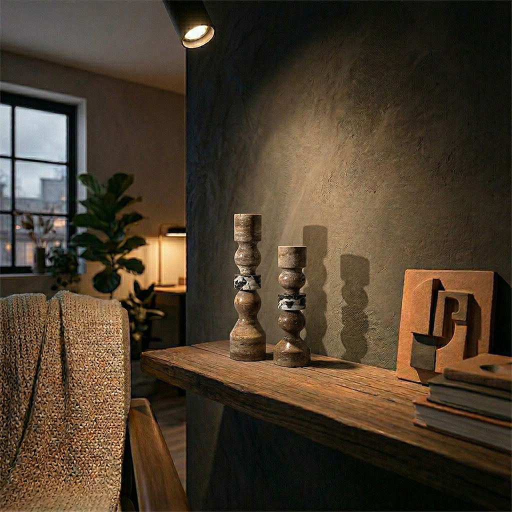Gray marble stone string candlestick holder by BEACON, showcasing a sleek, textured design for elegant candle display.
