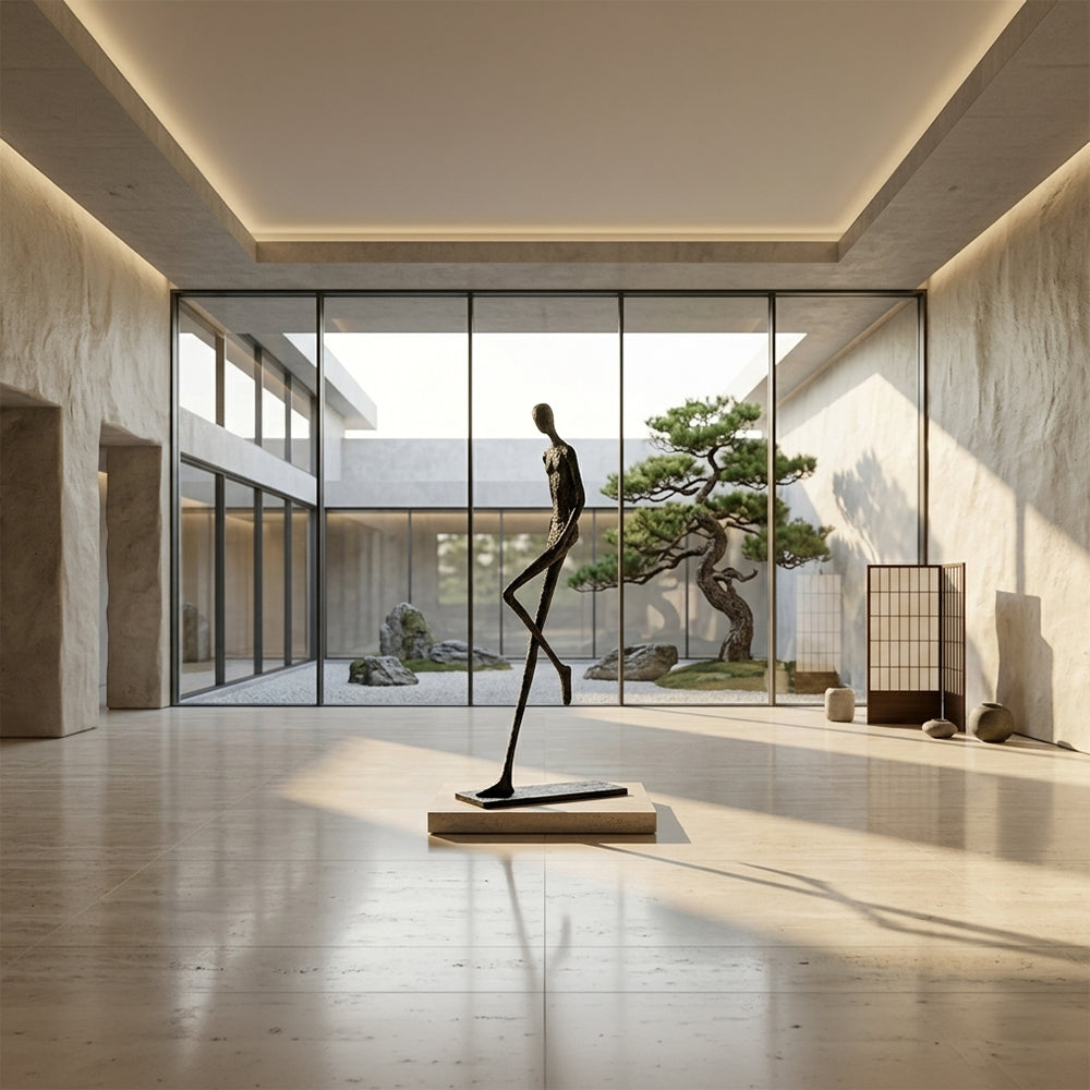 Fiberglass sculpture titled "Stride of Confidence" by BEACON, featuring a dynamic figure in a confident stride artwork.