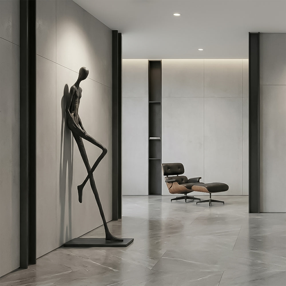 Fiberglass sculpture titled "Stride of Confidence" by BEACON, featuring a dynamic human figure in a confident stride.