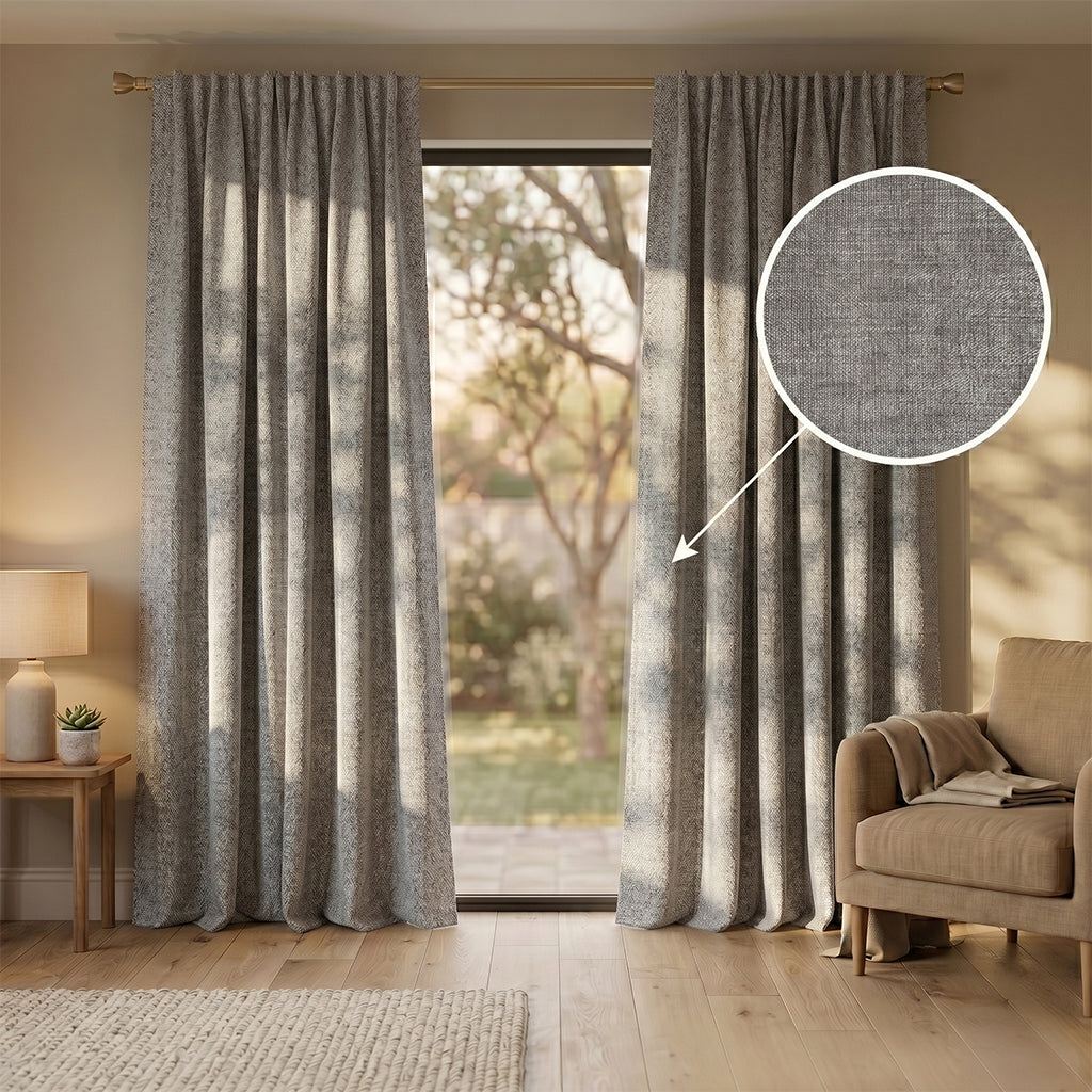 Beige Tallow polyester curtain fabric from BEACON, shown as a soft drape suitable for curtains and window treatments.