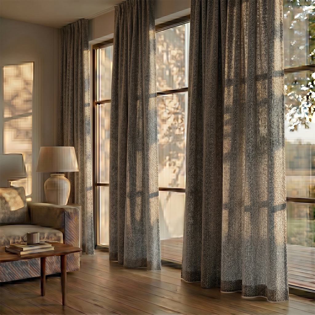 Beige Tallow polyester curtain fabric from BEACON, featuring a smooth, lightweight drape suitable for curtains and home decor.