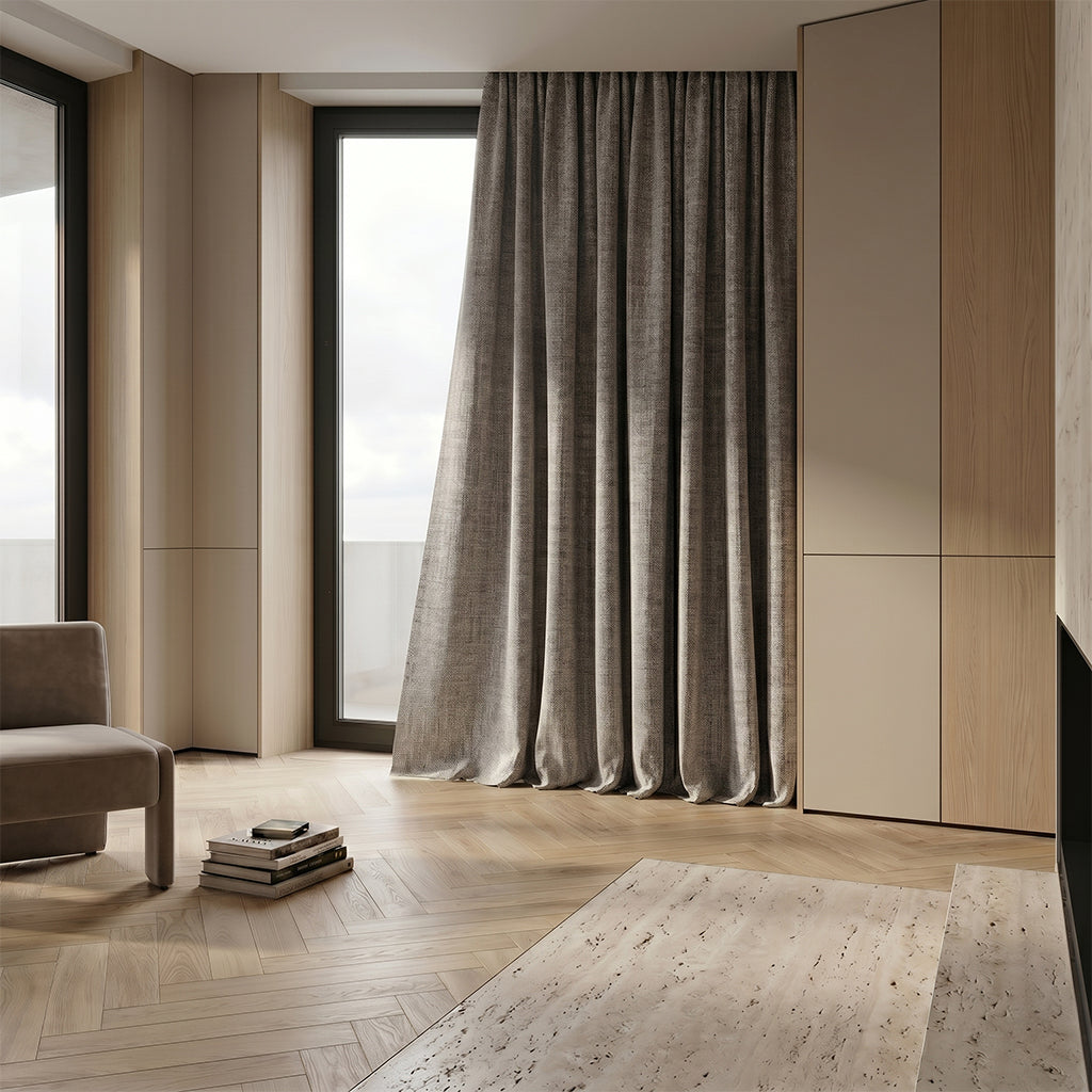 Tallow polyester curtain fabric by BEACON with a soft, textured appearance for curtains and drapes.