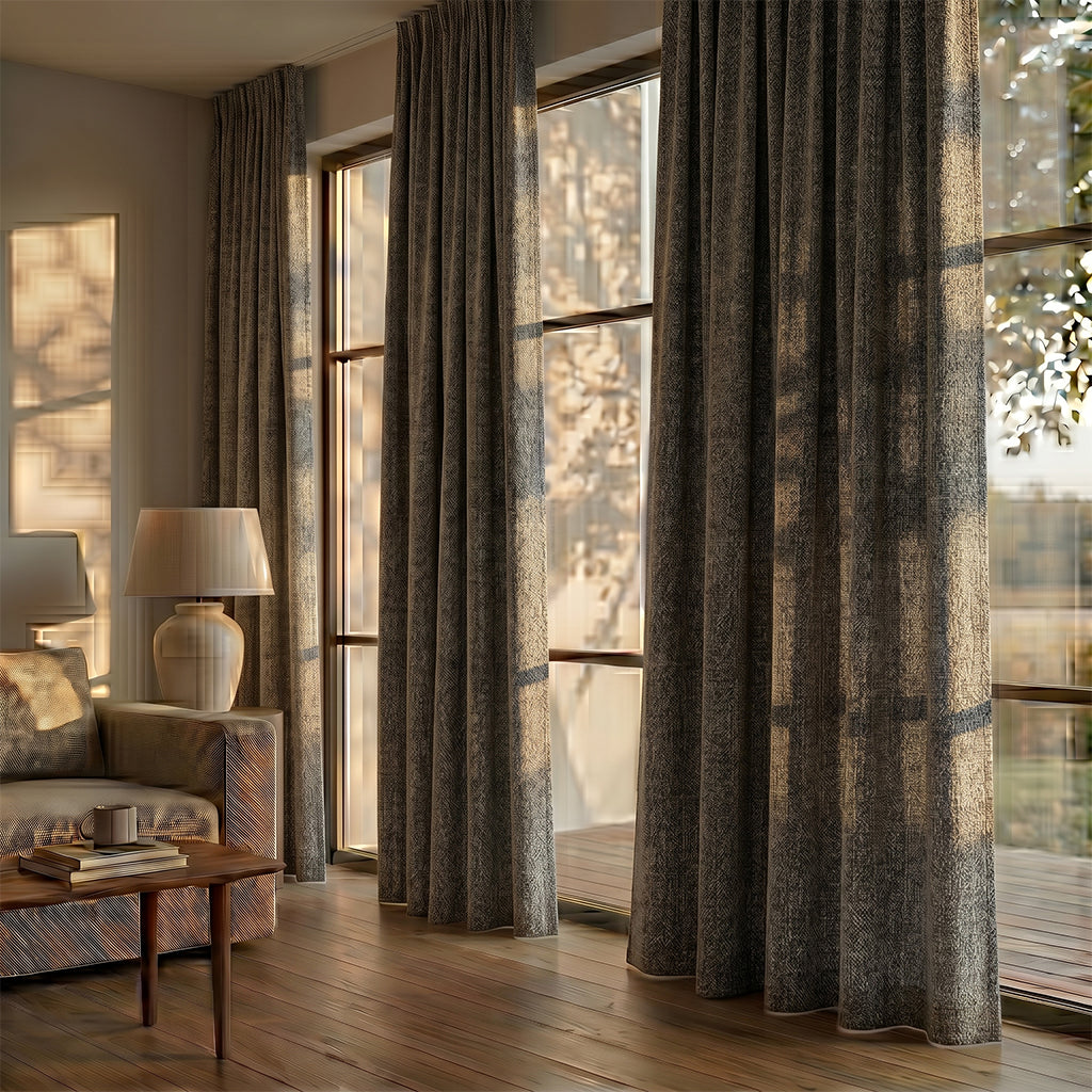 Beige polyester curtain fabric from BEACON featuring a smooth Tallow Tallow polyester material for curtains and drapes.