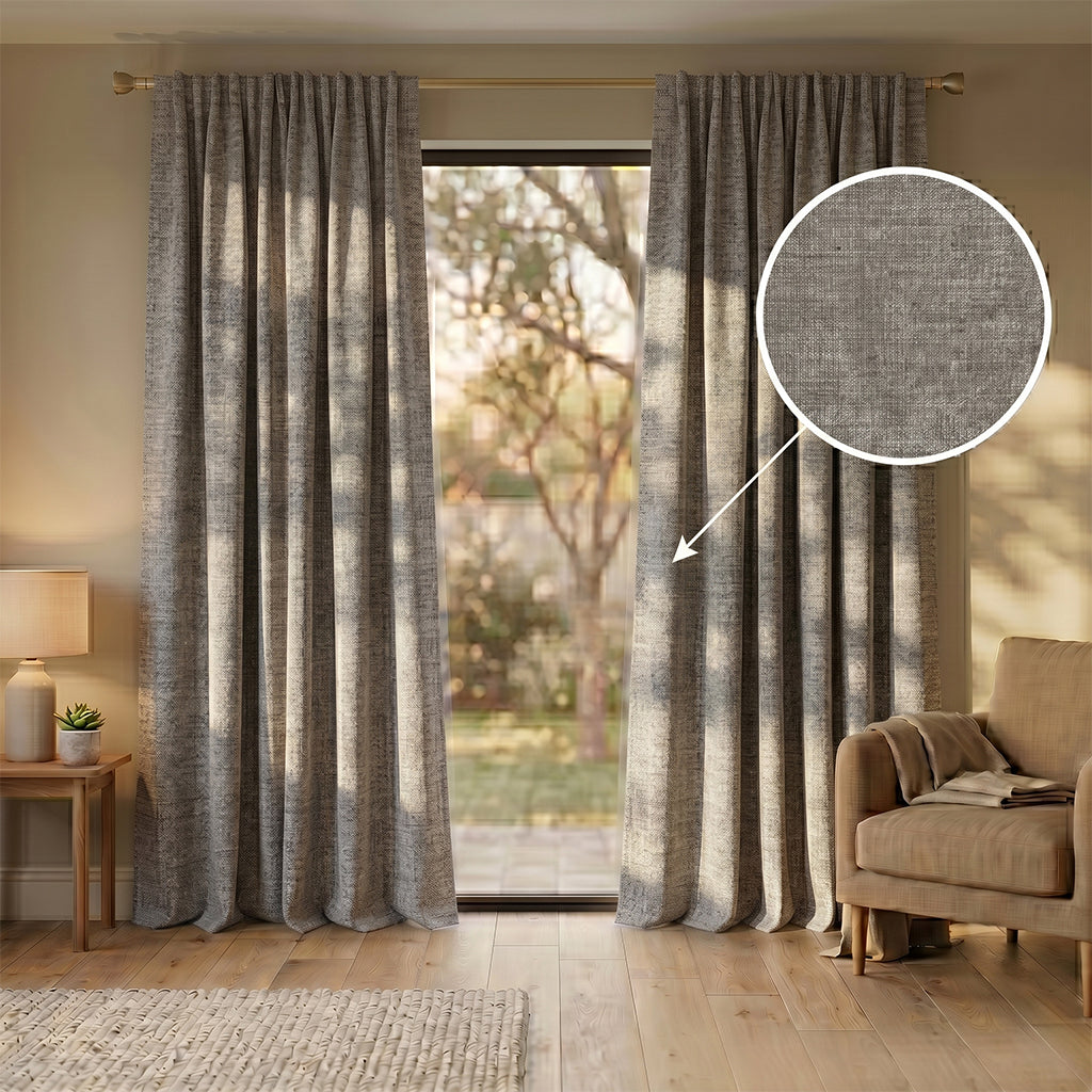 Beige Tallow polyester curtain fabric from BEACON, showing a close-up of textured drape material with subtle sheen.
