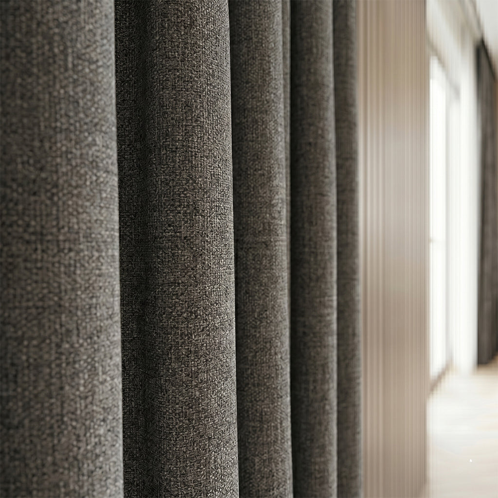 Beacon Tallow polyester curtain fabric in a neutral color, suitable for curtains and drapes, with a smooth, woven texture.