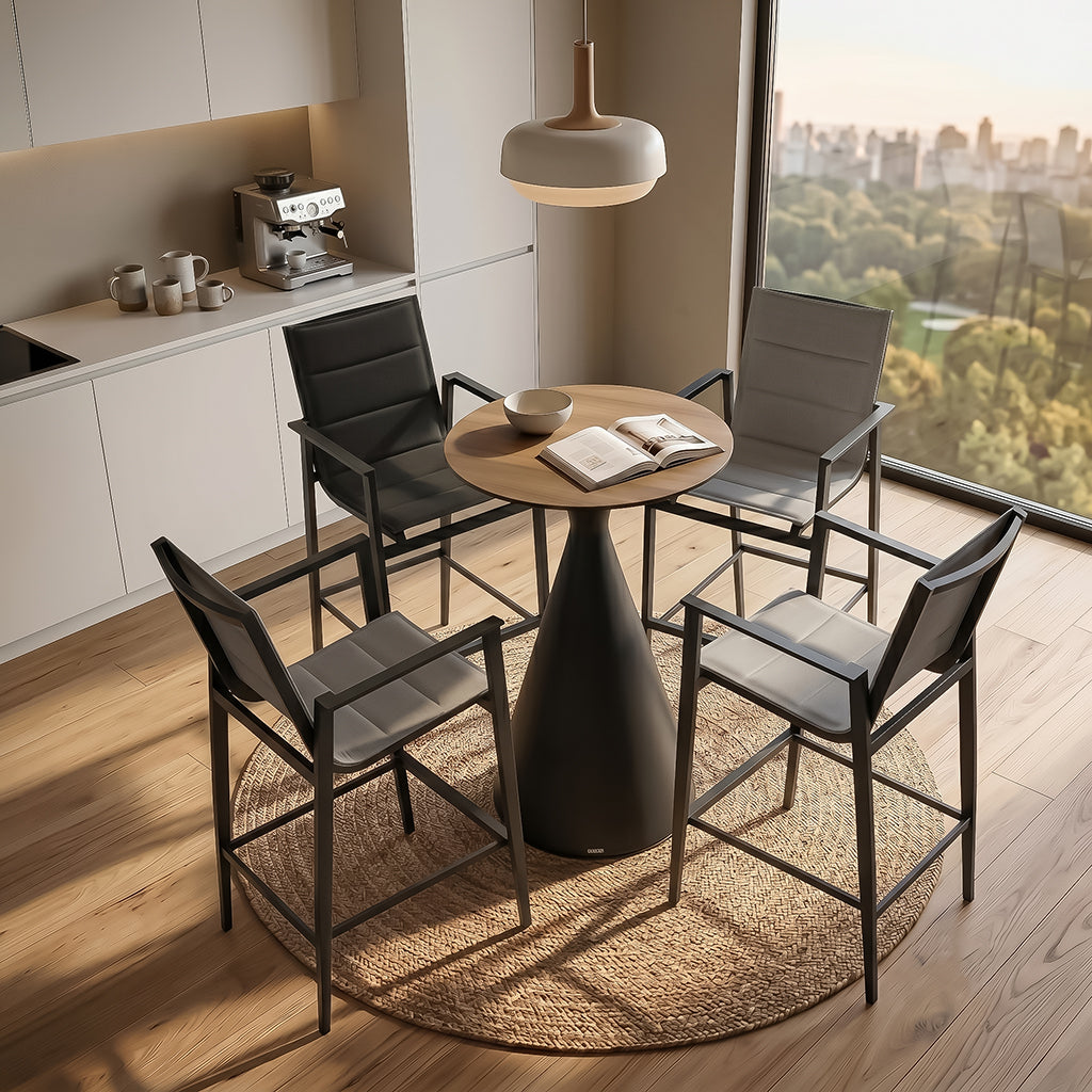 Tango Aluminum Outdoor Bar Table by BEACON, sleek modern design, outdoor use, with a smooth surface and sturdy legs.