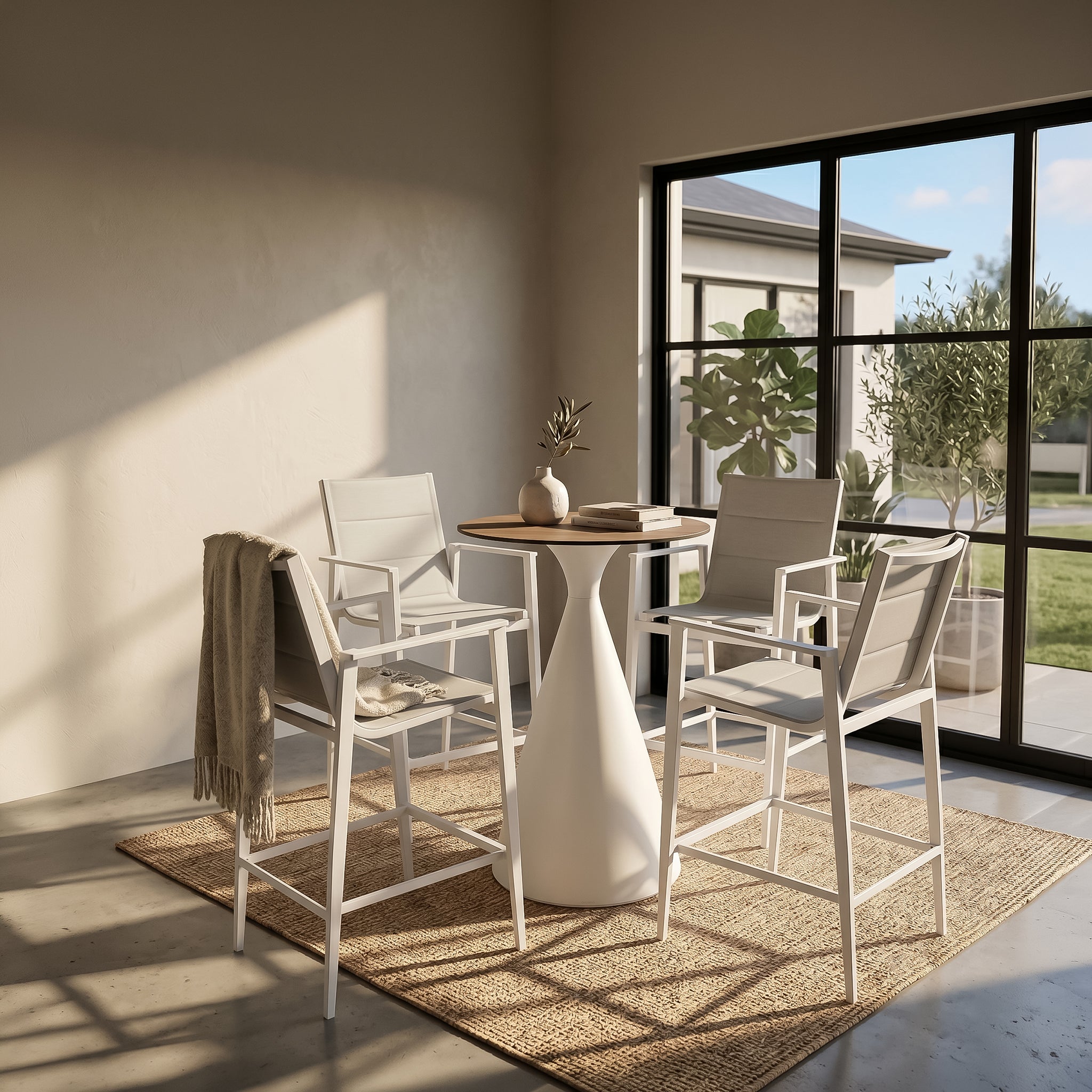 Outdoor aluminum bar table from BEACON Aether collection, stylish and durable for outdoor dining and social gatherings.
