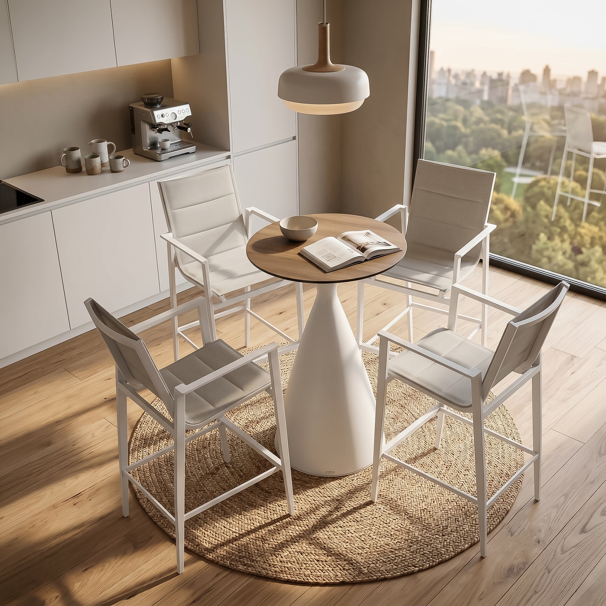 Outdoor aluminum bar table by BEACON, Tango Aether-Bar-W-Table, featuring a sleek design and sturdy construction for outdoor use.
