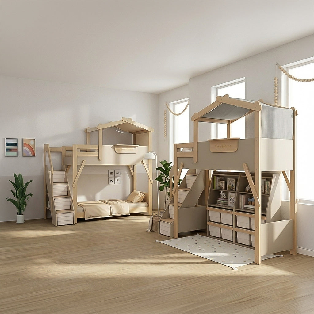 BOORI King Tree House Double Kids Bed with mattress size 203x107x18cm, featuring a playful treehouse design for children.