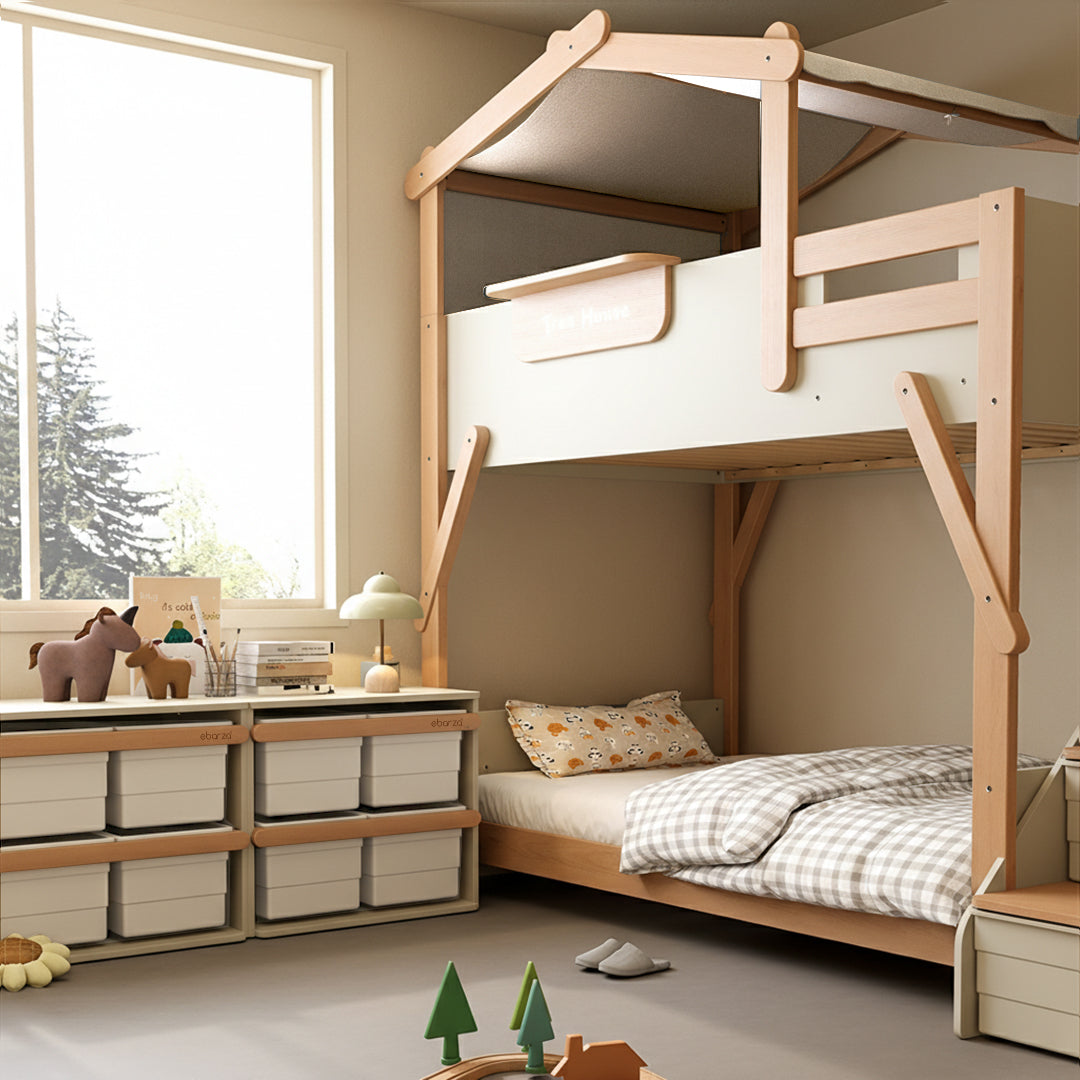 Double kids bed with wooden frame and mattress, featuring a treehouse design by BOORI in natural finish.