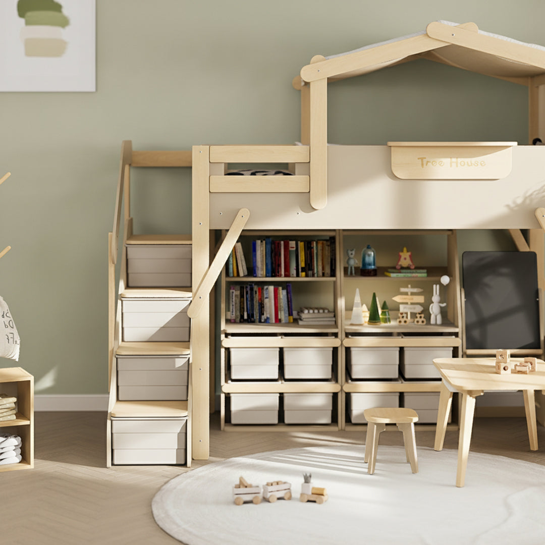 BOORI King Tree House Double Kids Bed with mattress, showing wooden frame, colorful canopy, and cozy bedding in a child's room.