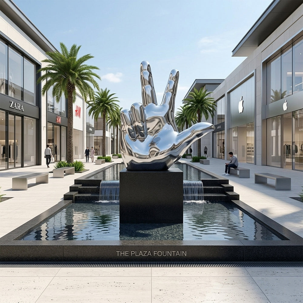 Fiberglass sculpture of a three-finger hand sign representing victory, love, and win by BEACON, 200cm tall, custom-made artwork.