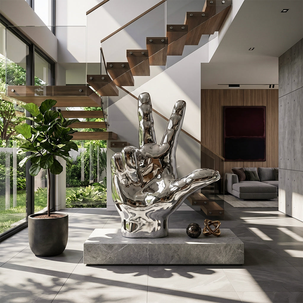 Fiberglass sculpture of a 130cm hand sign with victory, love, and win gestures, custom-made artwork by BEACON.