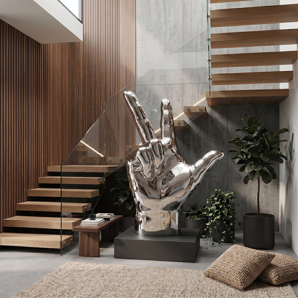 Fiberglass sculpture of a 130cm hand sign with victory, love, and win gestures, custom-made artwork by BEACON.