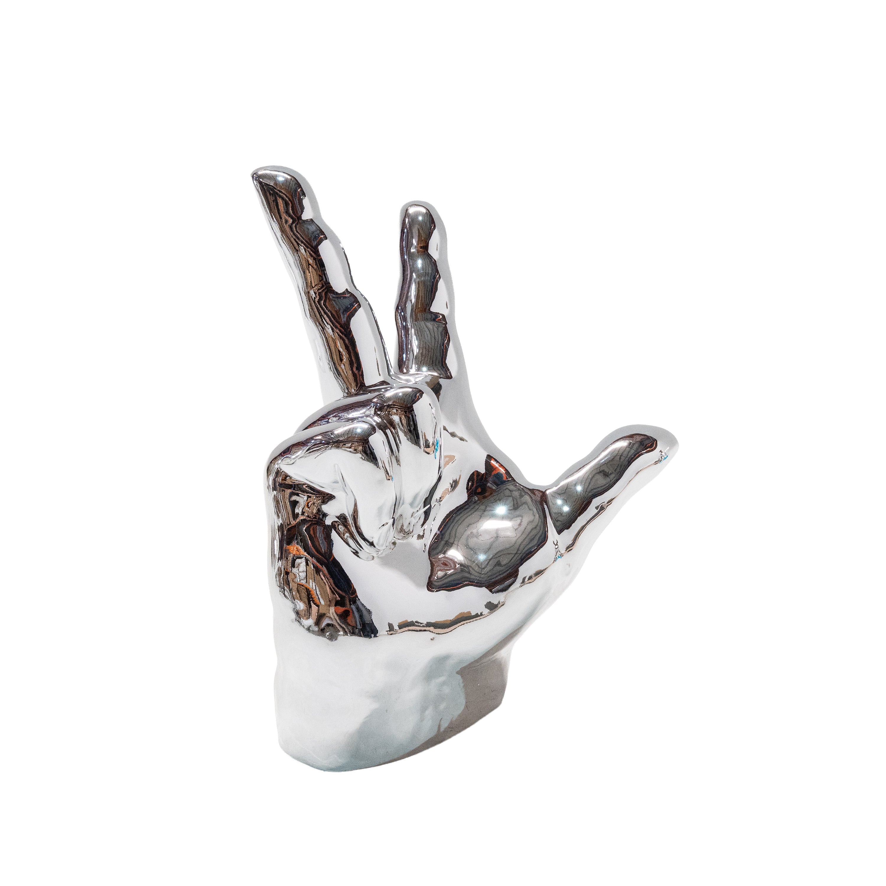 Fiberglass sculpture of a 130cm hand sign displaying victory, love, and the three-finger gesture, custom-made artwork by BEACON.