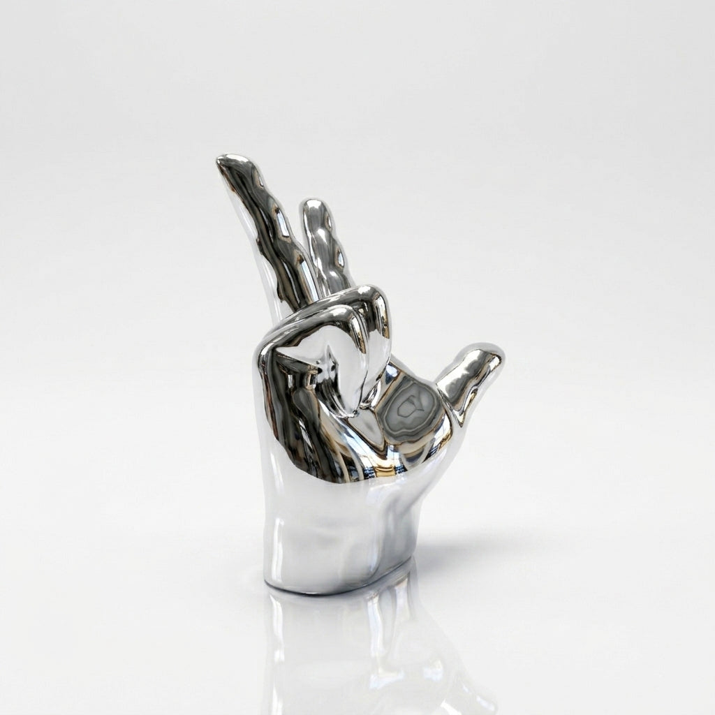 Fiberglass sculpture of the three-finger hand sign showing victory, love, and peace symbols, 130cm tall, by BEACON artwork.
