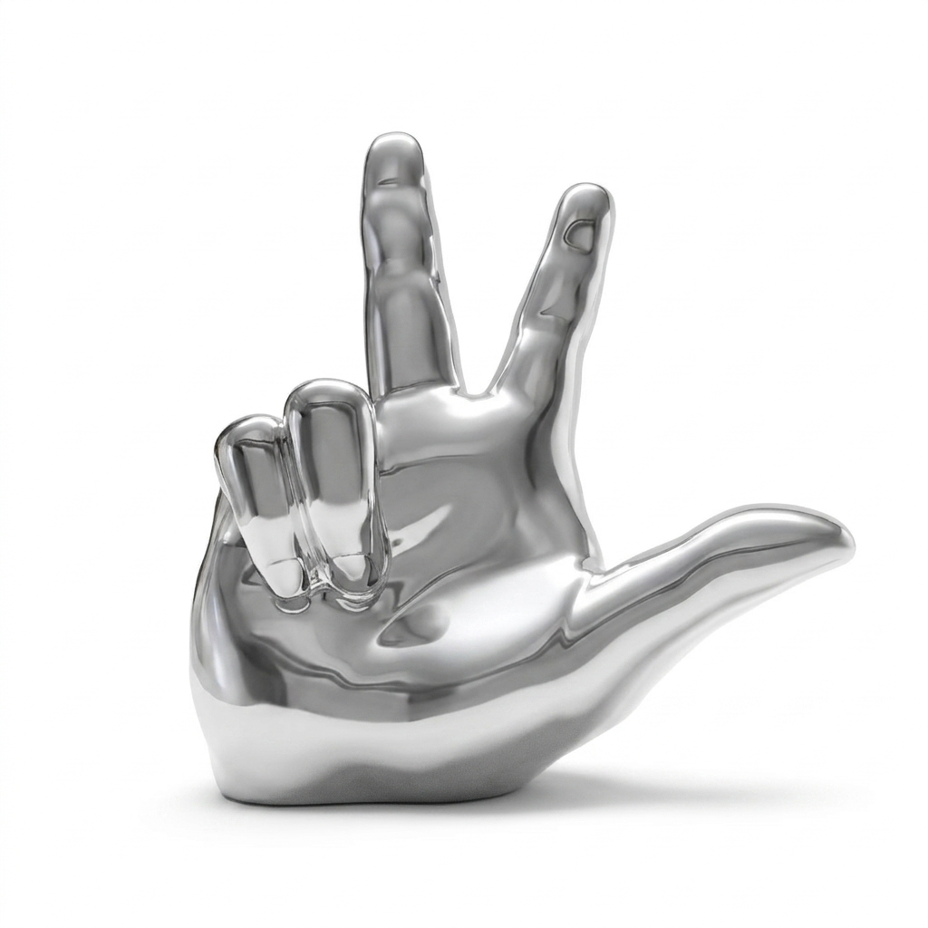 Fiberglass sculpture of a three-finger hand sign representing "Win," "Victory," and "Love," 130cm tall, by BEACON artwork.