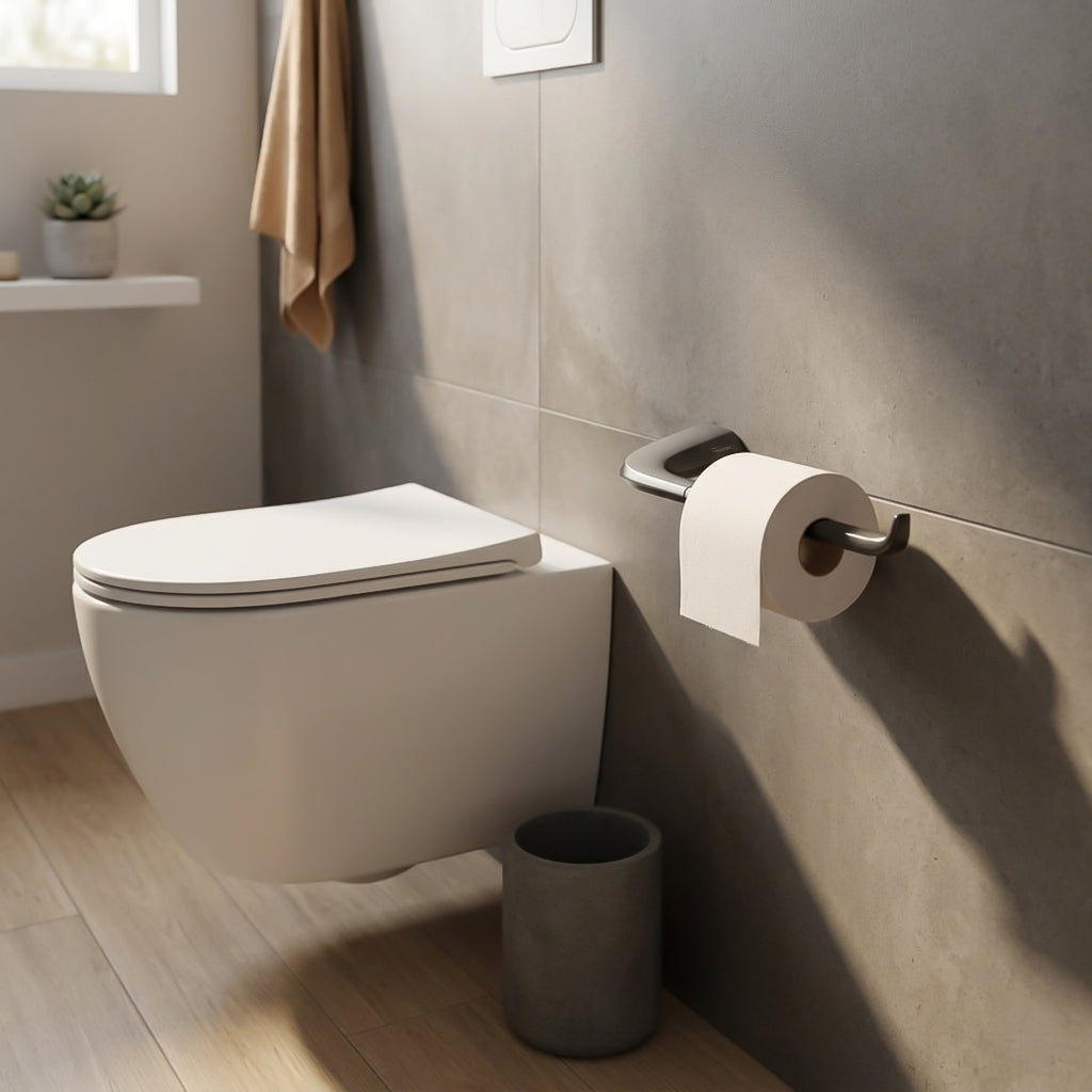 Gun metal tissue holder with towel hanger hooks by BEACON, featuring a sleek, modern design and durable construction.