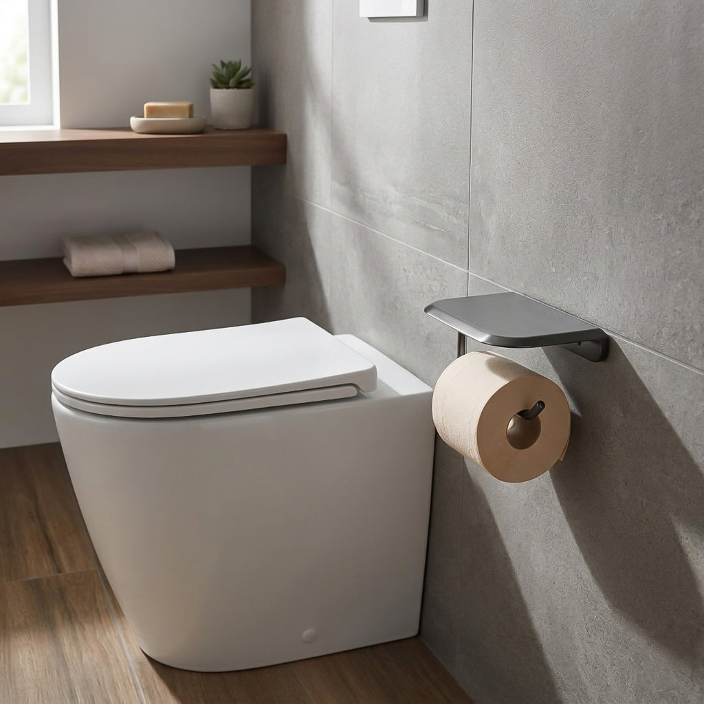 Gunmetal metric tissue holder with towel hanger hooks, sleek design by BEACON, mounted on a bathroom wall.