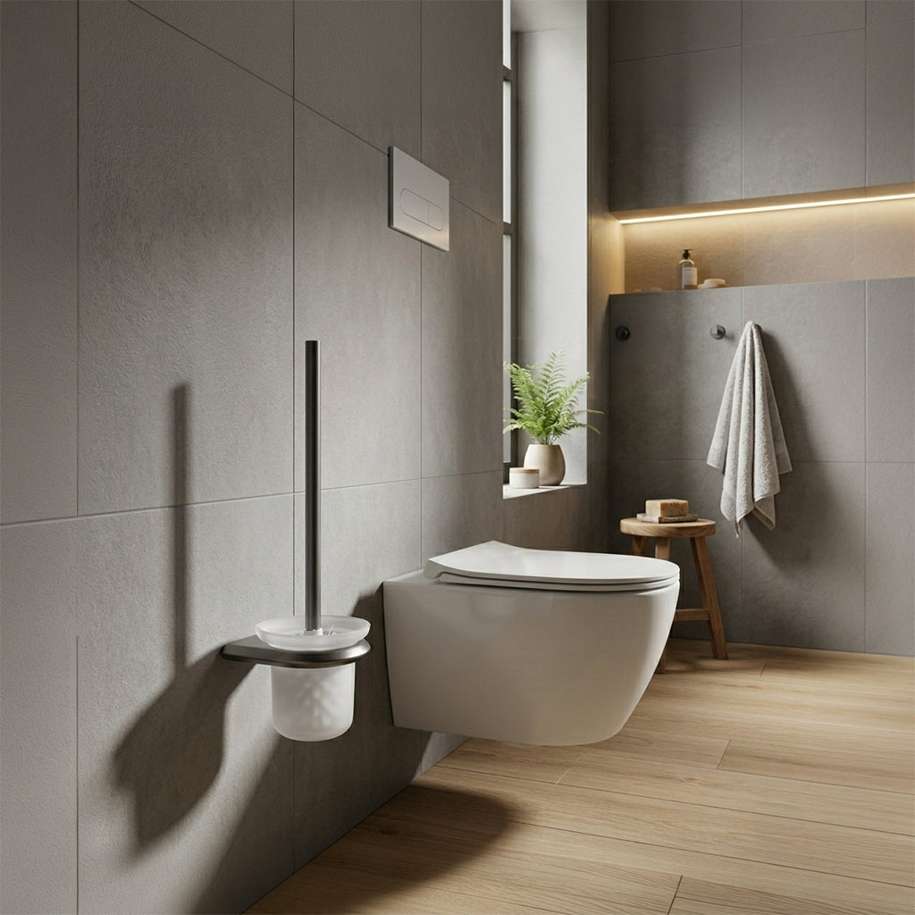 Gun metal toilet brush with holder, featuring a sleek design, part of BEACON's towel hanger hooks collection.