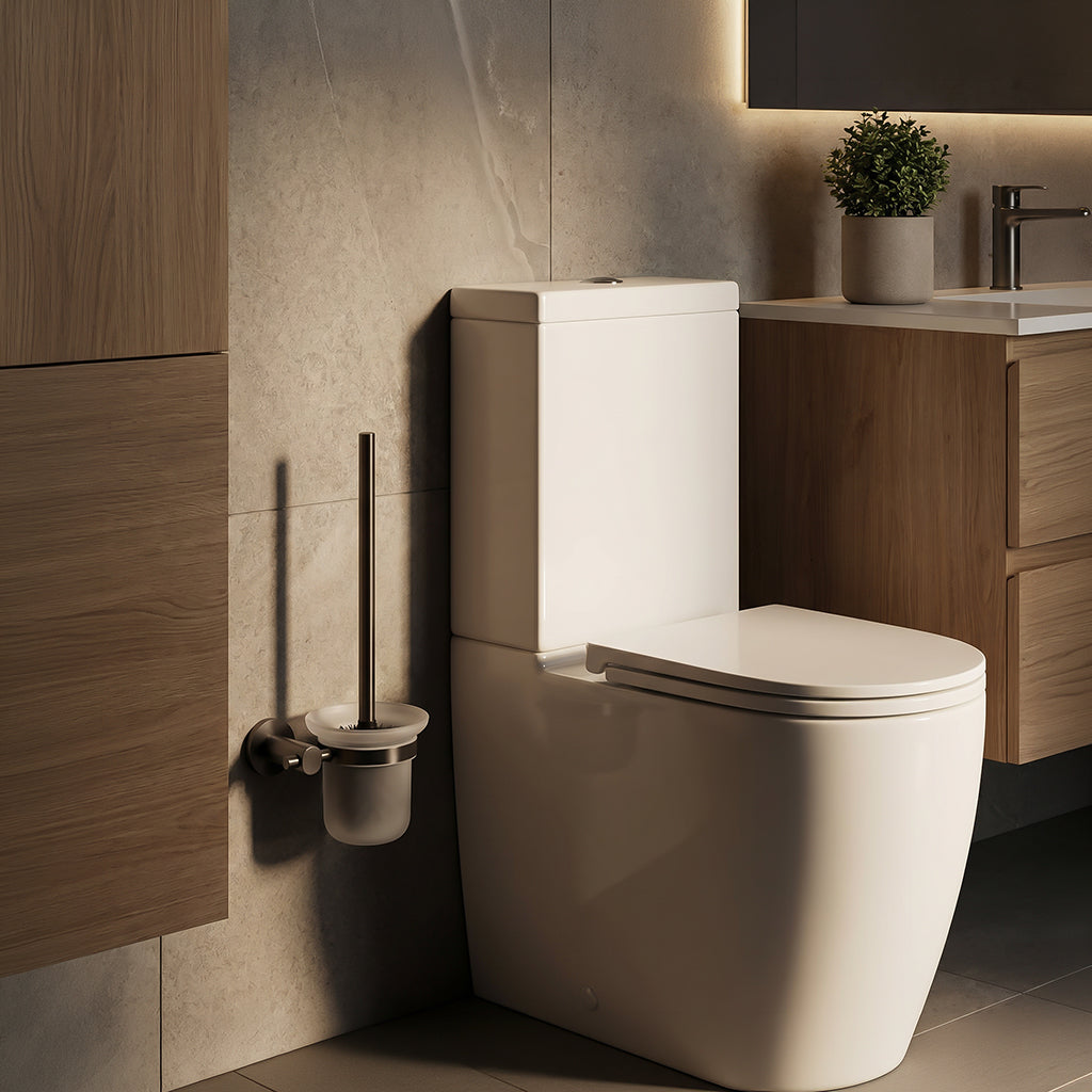 Bravon toilet brush holder with integrated towel hanger, beige ceramic design by BEACON, model 889008/889006.