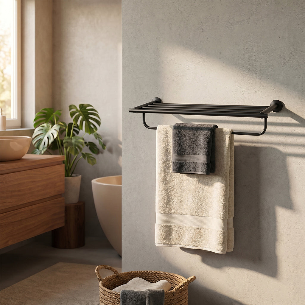 BEACON Velar Towel Rack 889003 with multiple hooks for hanging towels, mounted on bathroom wall.