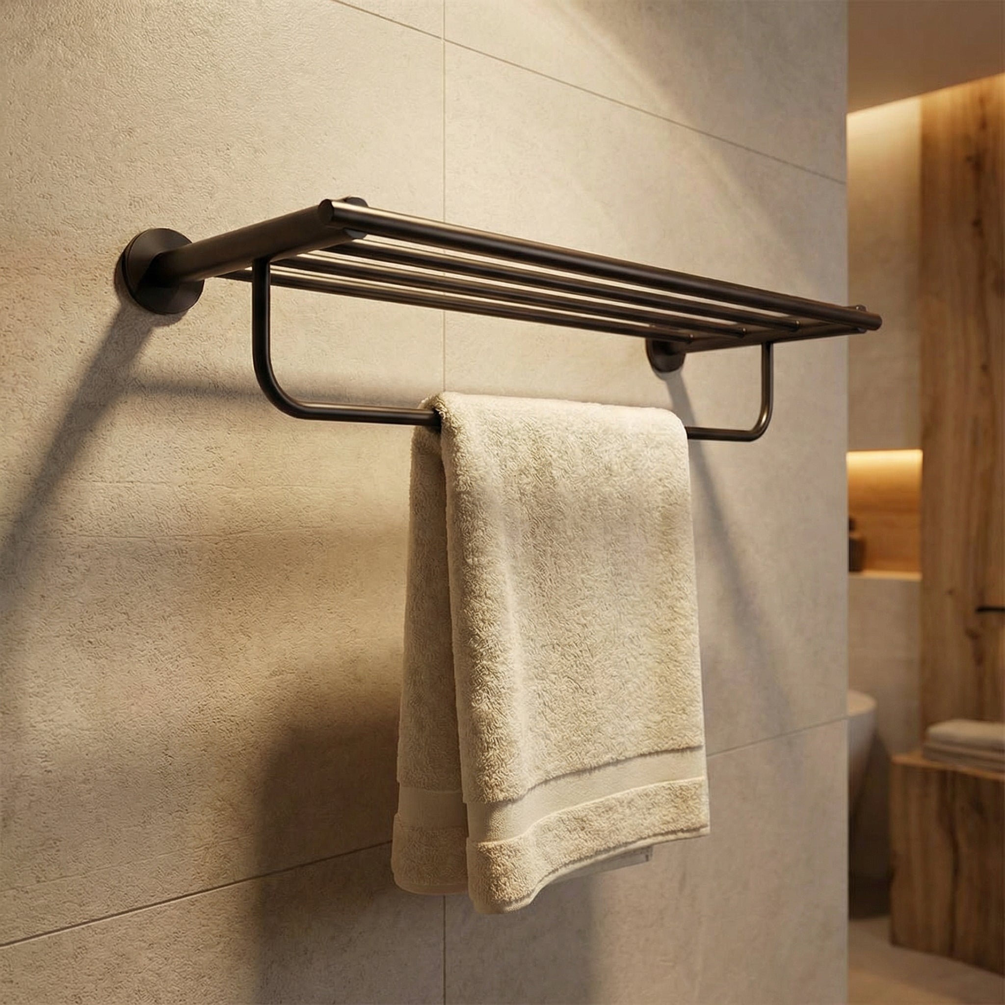 BEACON Velar Towel Rack 889003 with multiple hooks for hanging towels, mounted on a bathroom wall.
