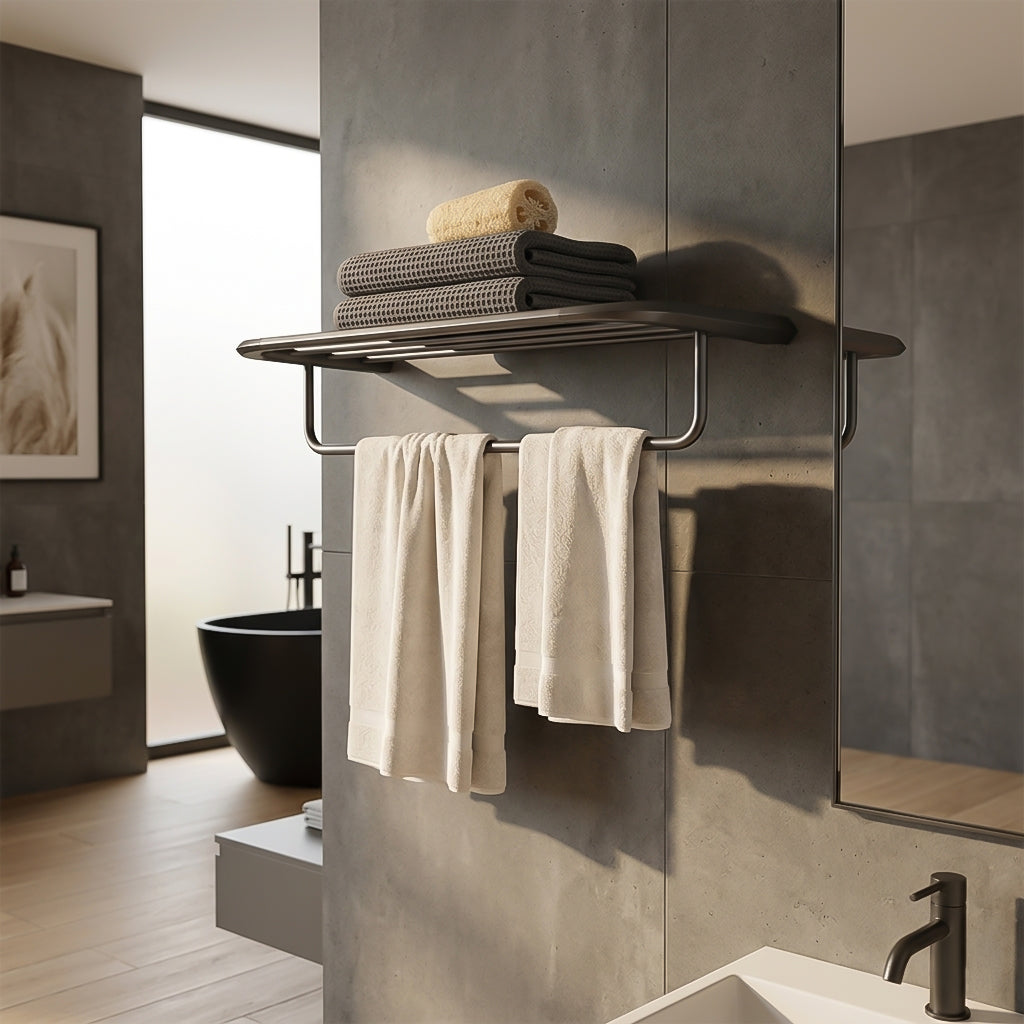 Gunmetal Aero Towel Shelf by BEACON with hooks, designed for bathroom storage and towel organization.