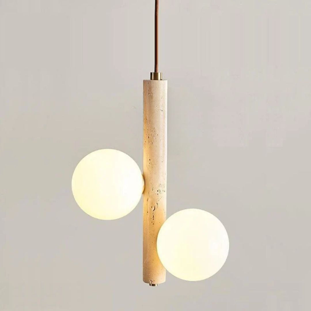 BEACON travertine marble 2-head pendant lamp with sleek design, hanging from a ceiling fixture, showcasing elegant natural stone details.