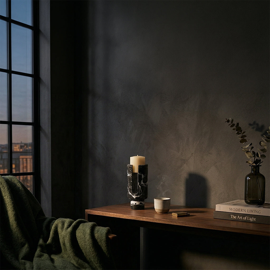 Black marble U-shaped candle holder by BEACON, featuring a sleek stone design for elegant candle display.