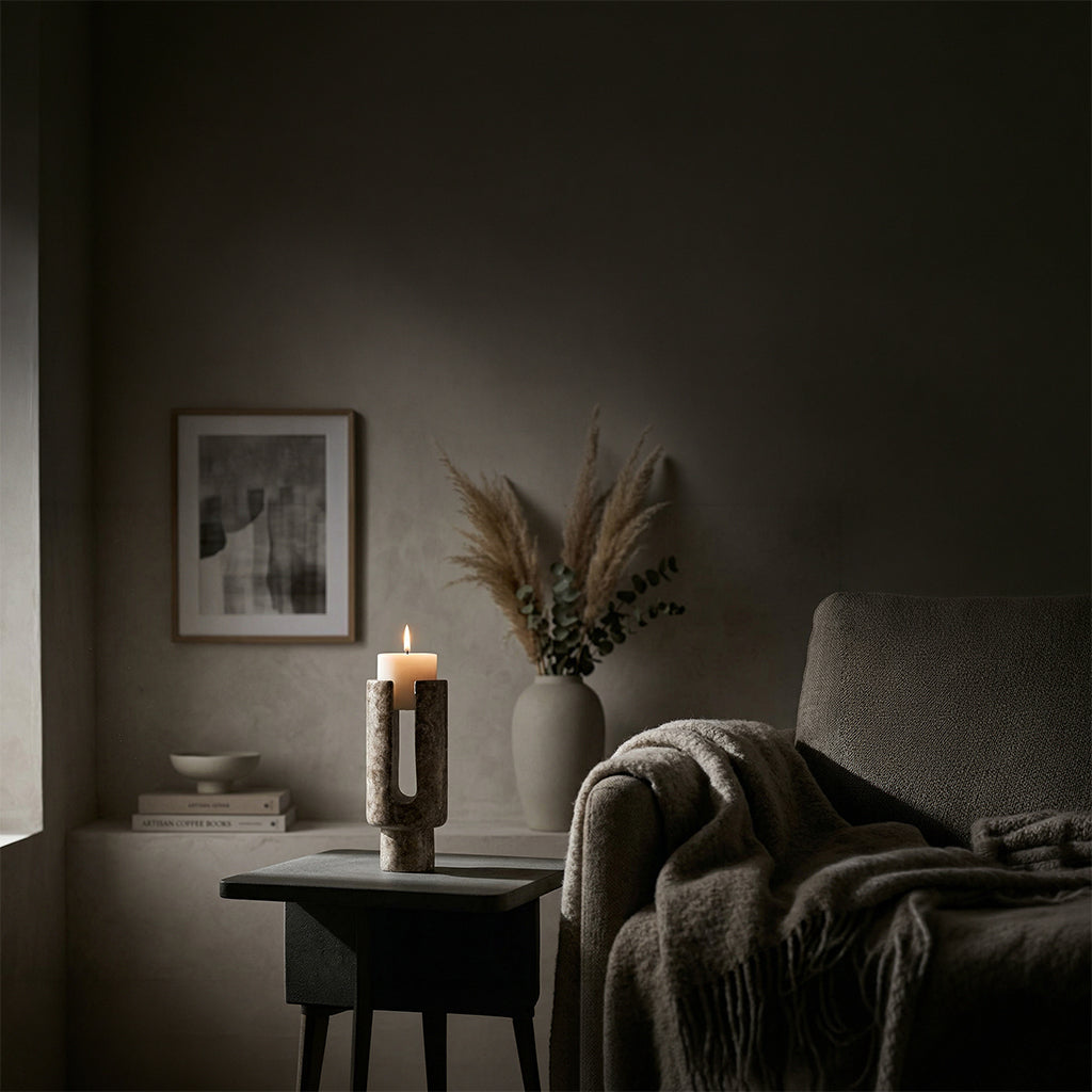 FB-T25079 - شمعدان حجري على شكل حرف U من الرخام الرمادي