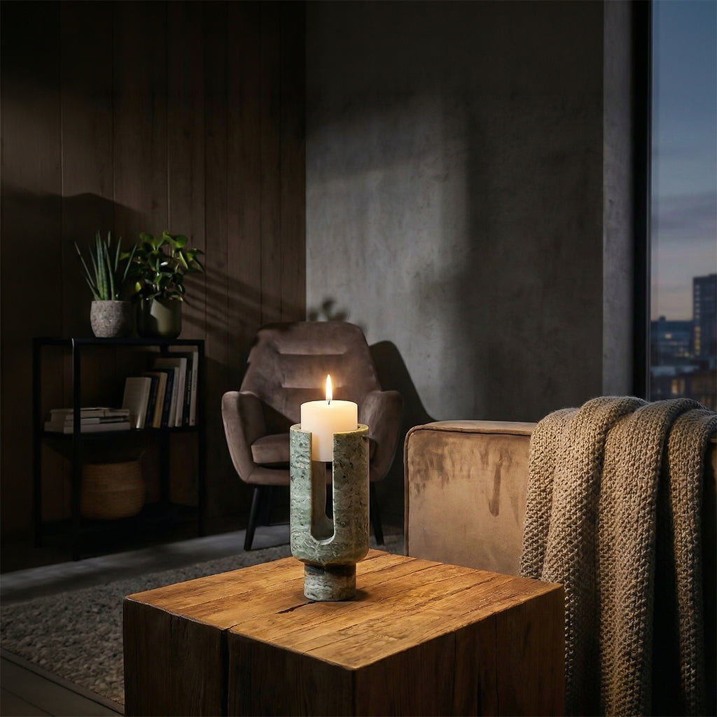 U-shaped green marble stone candlestick holder with a modern design, perfect for decorative candle display.