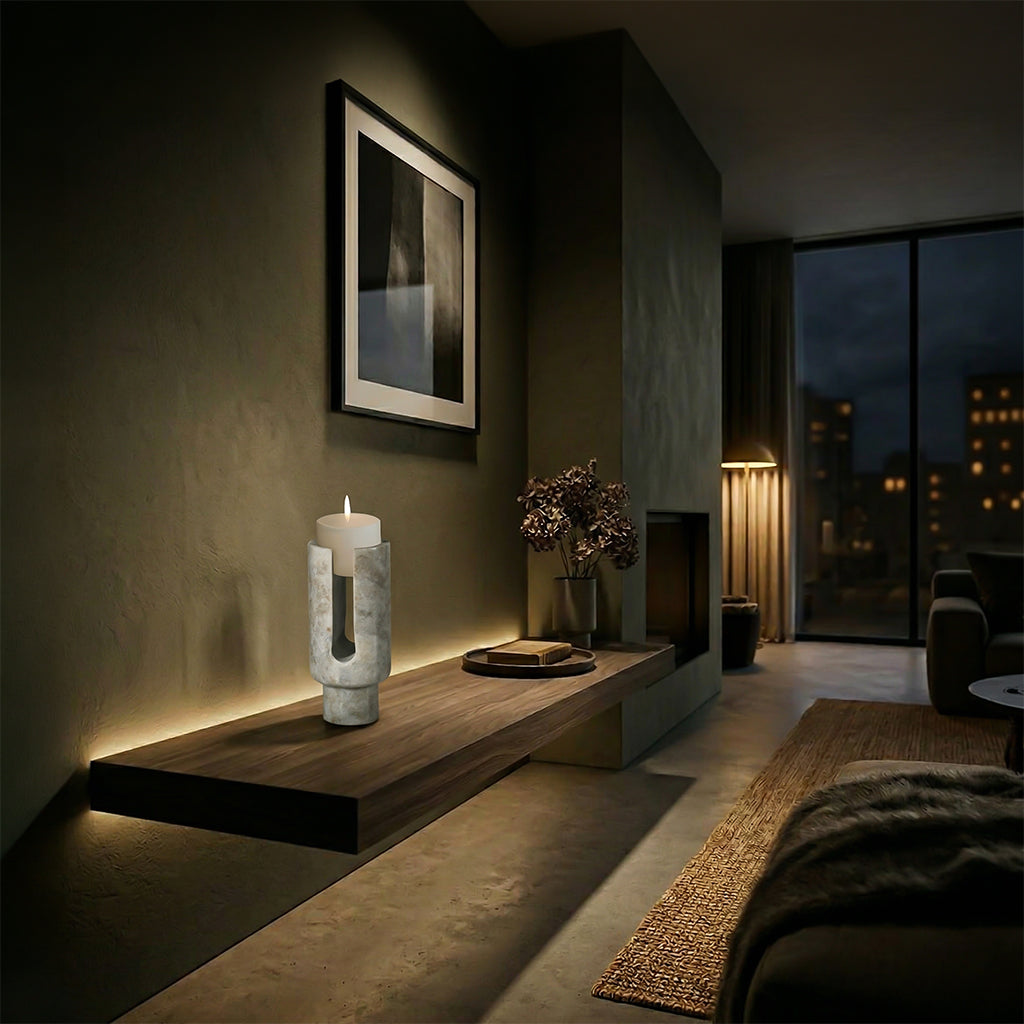 White marble U-shaped stone candlestick holder, elegant candle holder from BEACON brand, with smooth polished surface and classic design