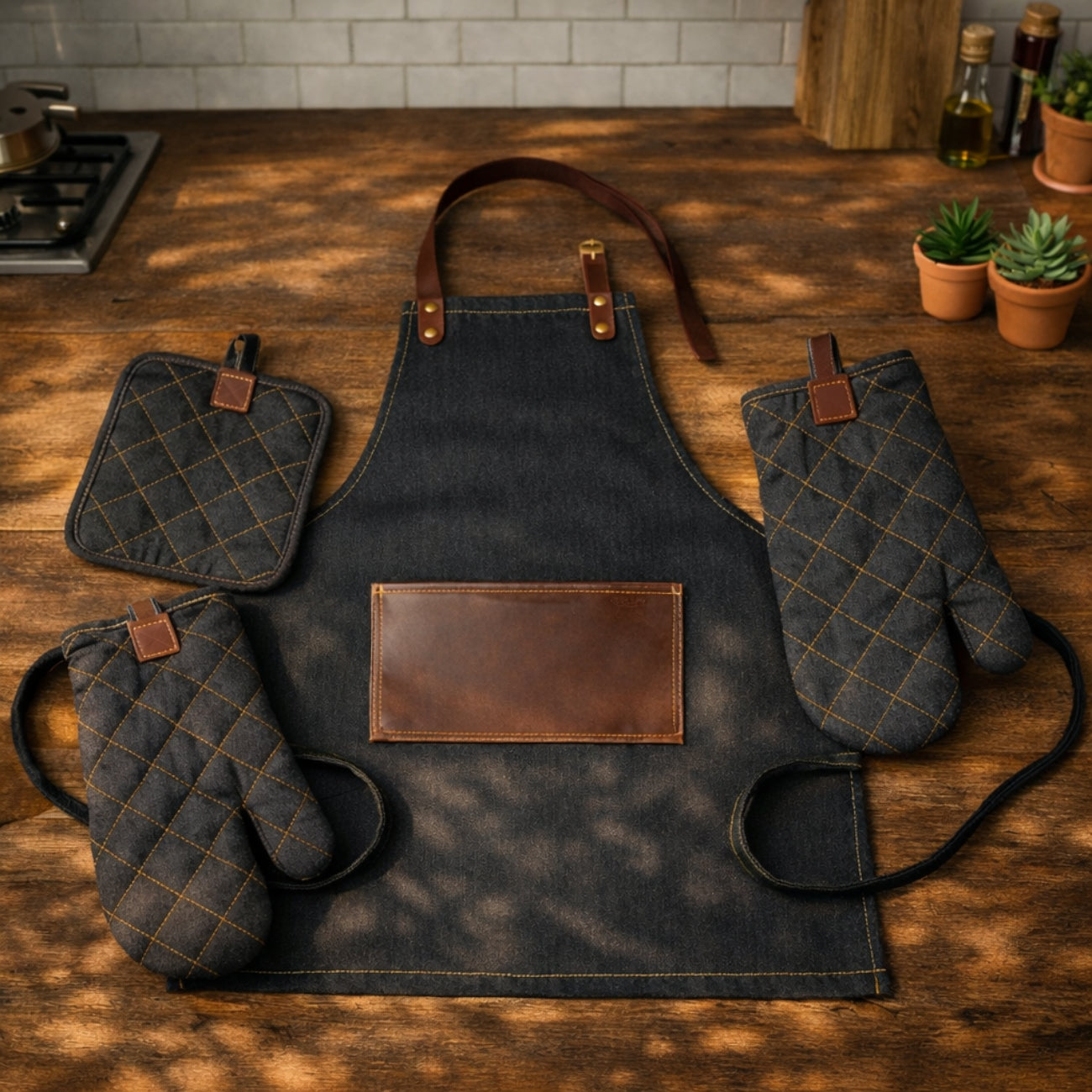 Black flare kitchen set by BEACON includes cookware and utensils arranged on a modern kitchen countertop.