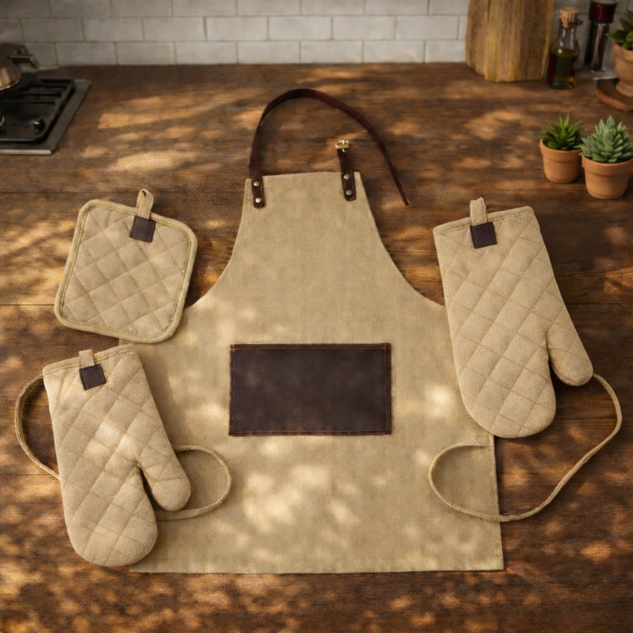 Sand-colored flare kitchen set by BEACON, featuring various kitchenware pieces arranged on a white background.