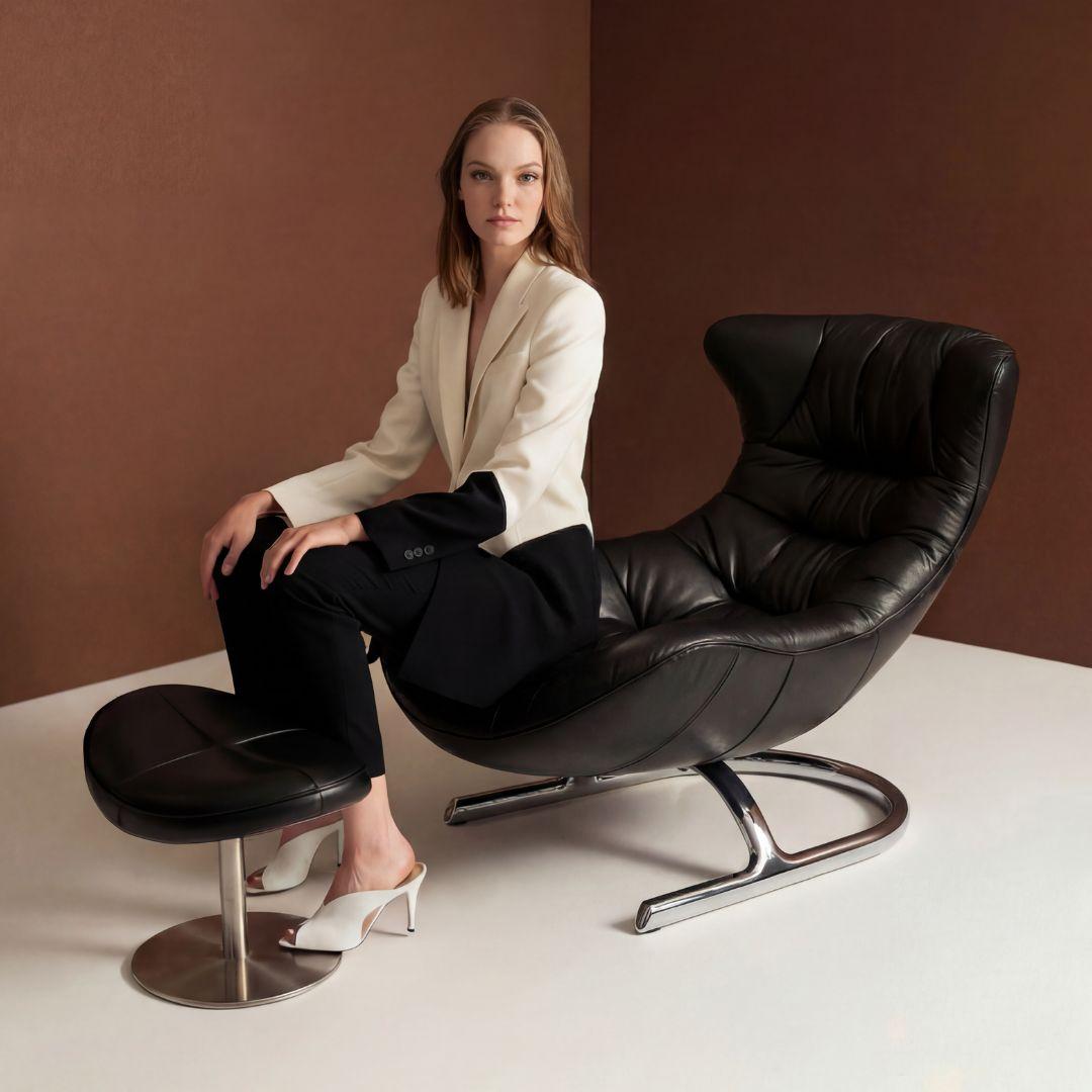 black leather Lounge chair with ottoman