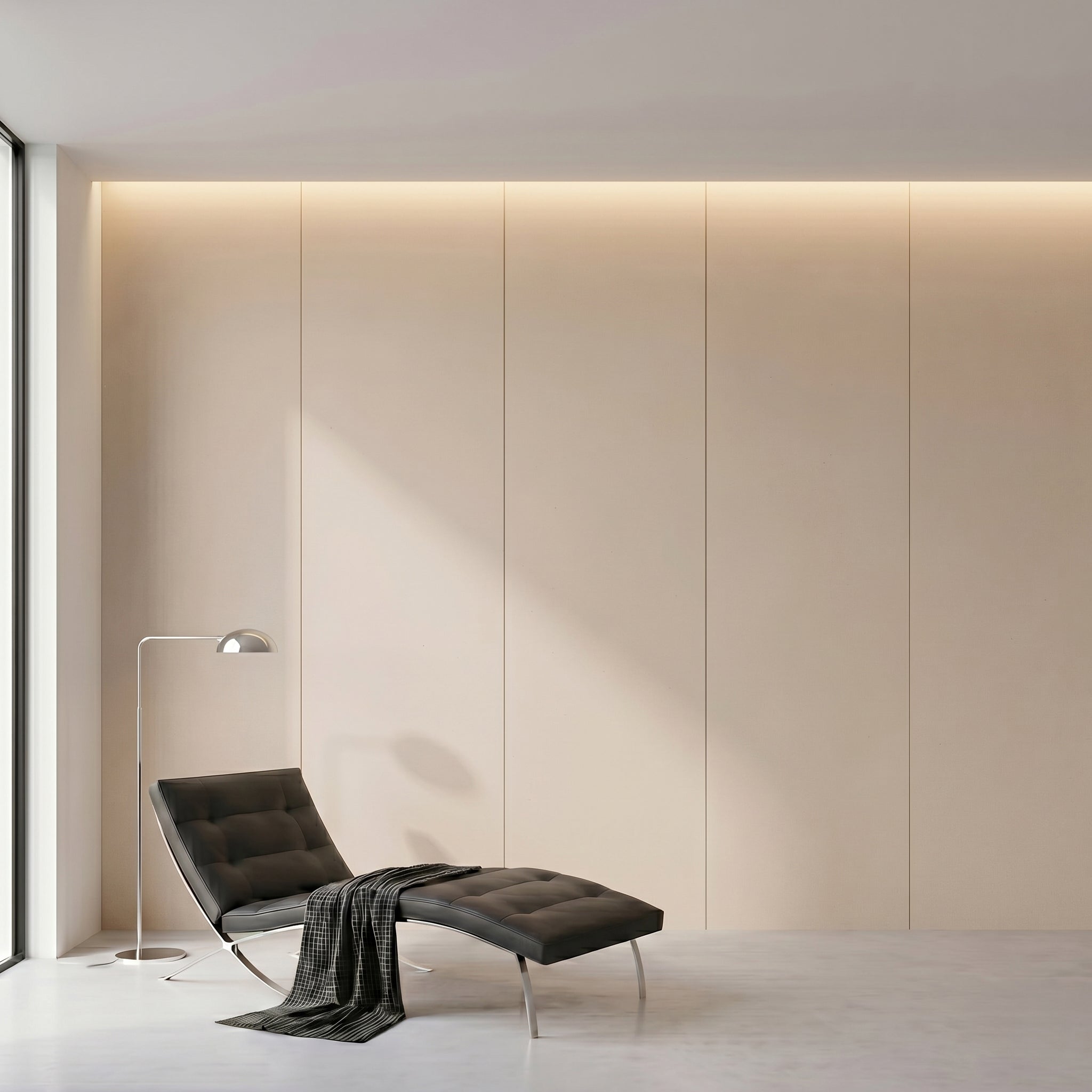 Light beige WPC wall panel with stitching and film fold design, 122x320cm, decorative wall panel by BEACON.