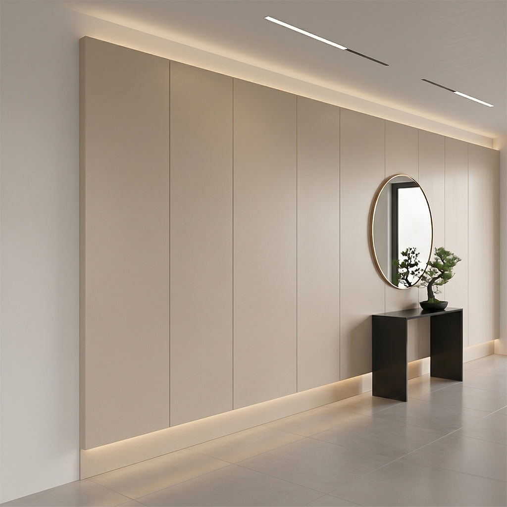 Light beige WPC wall panel with BB stitching and film folding, 122x320cm, decorative wall panel by BEACON.