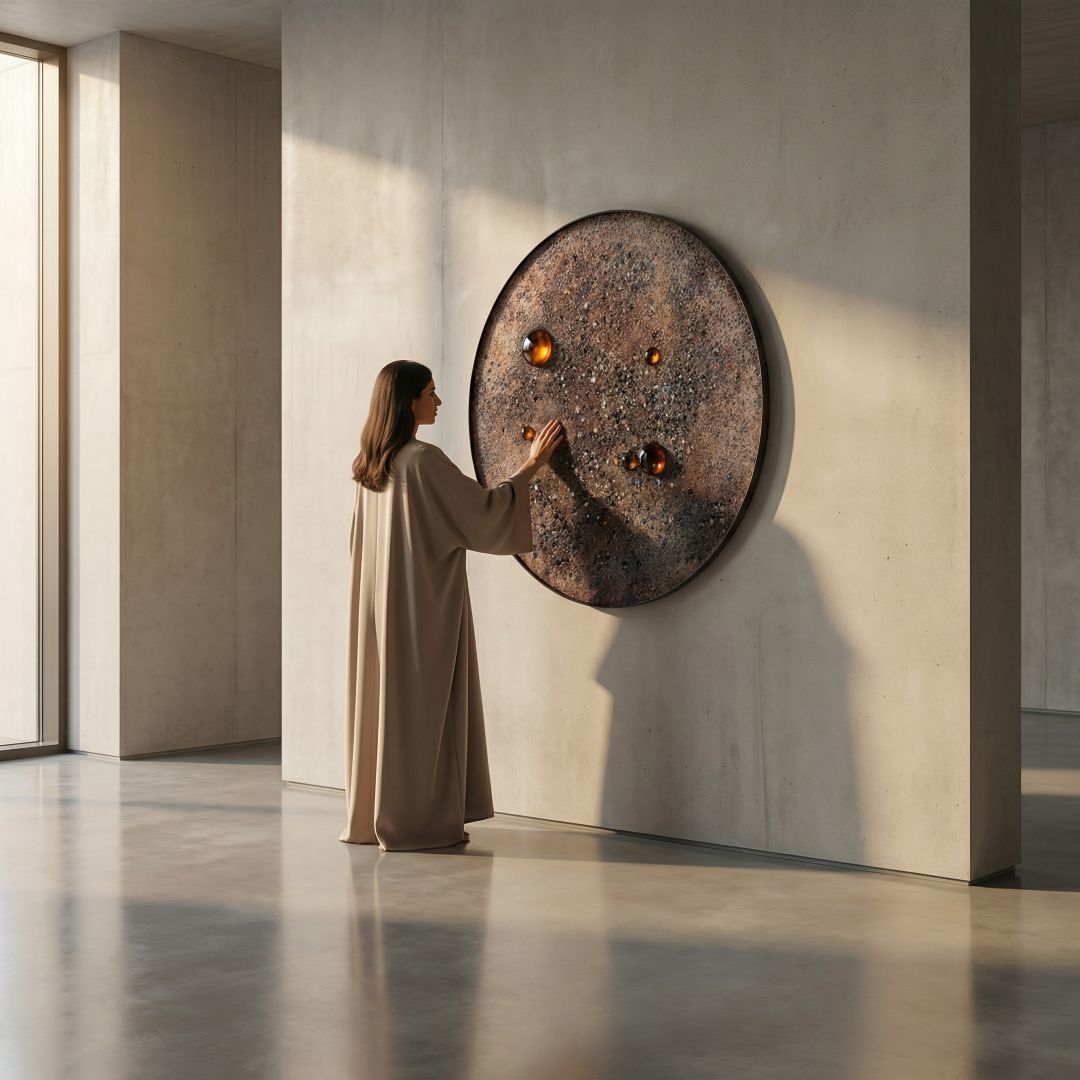 Handmade Nebula wall art with integrated lighting, 100cm diameter, featuring vibrant cosmic-inspired painting by BEACON.