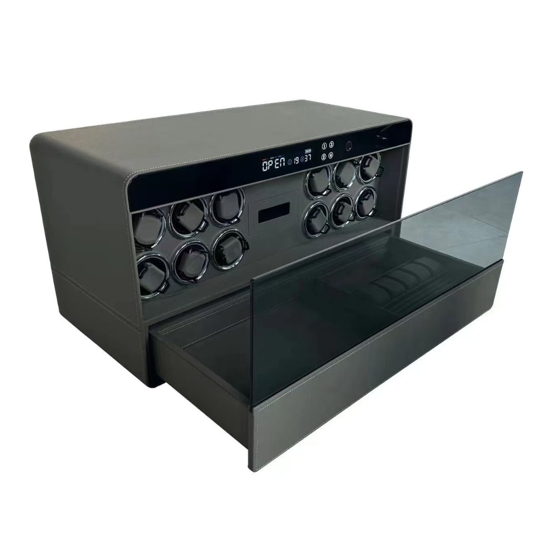 BEACON fingerprint safe box with built-in watch winder for six watches, model CH9-ST053-T6-760, showcasing the secure storage and watch display
