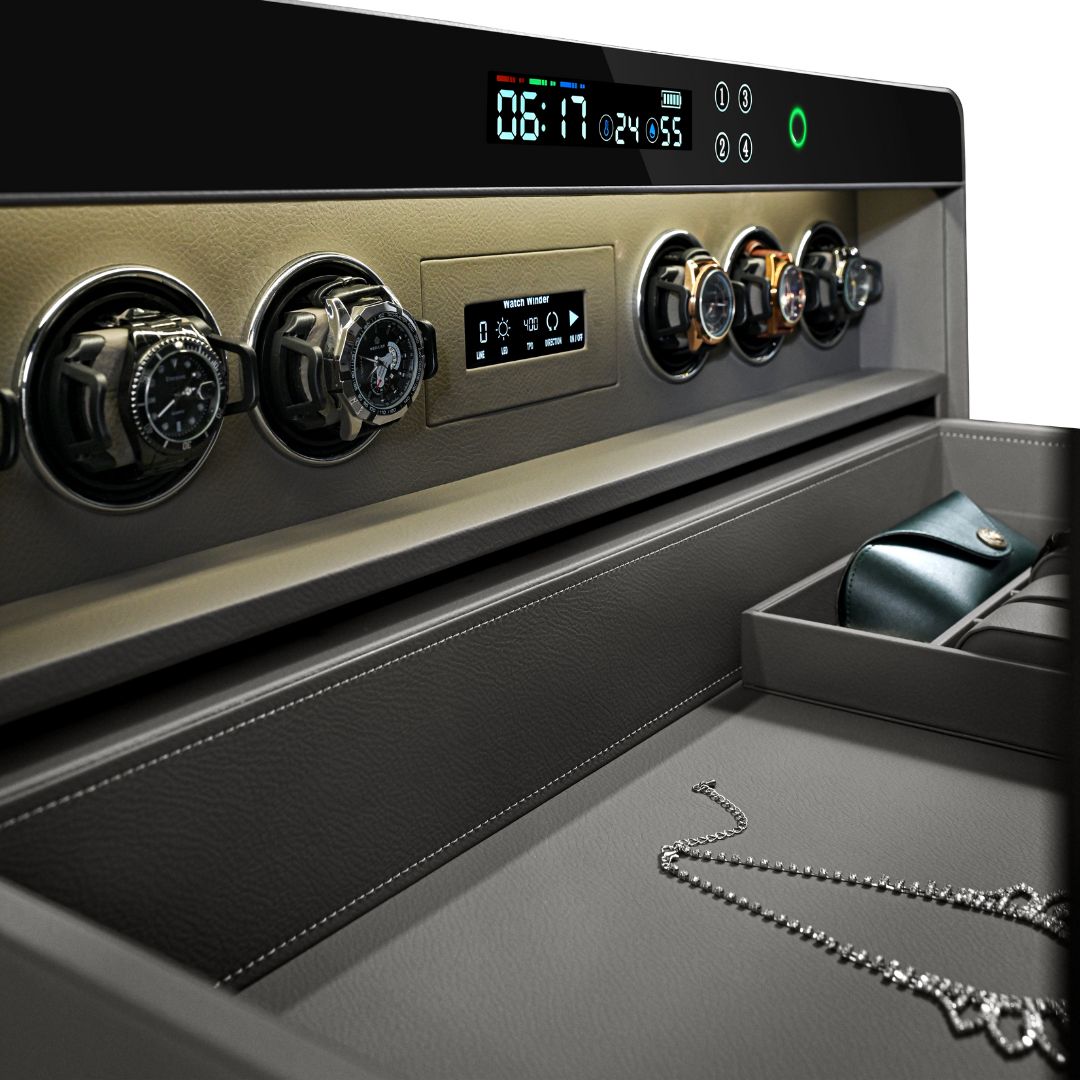 BEACON fingerprint safe box with a watch winder holding six watches, model CH9-ST053-T6-760, with secure locking and modern design.