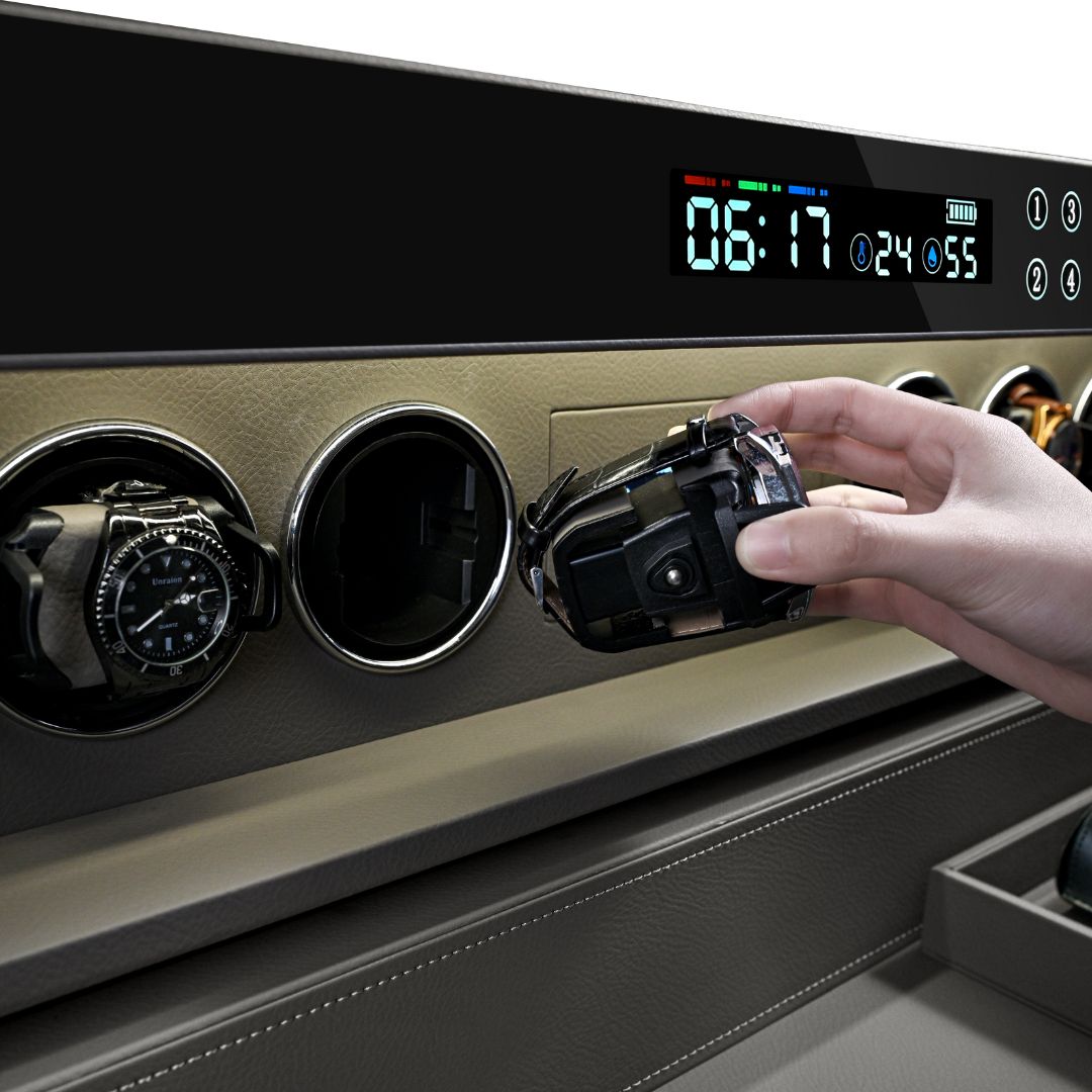 BEACON fingerprint safe box with watch winder for six watches, model CH9-ST053-T6-760, showing the secure safe and watch storage slots.